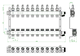 Heizkreisverteiler mit mehreren Verteilern, integrierten Durchflussmessern und Reguliereinheiten. Oventrop-Design mit klarer Anordnung der Elemente in einem technischen Schema.